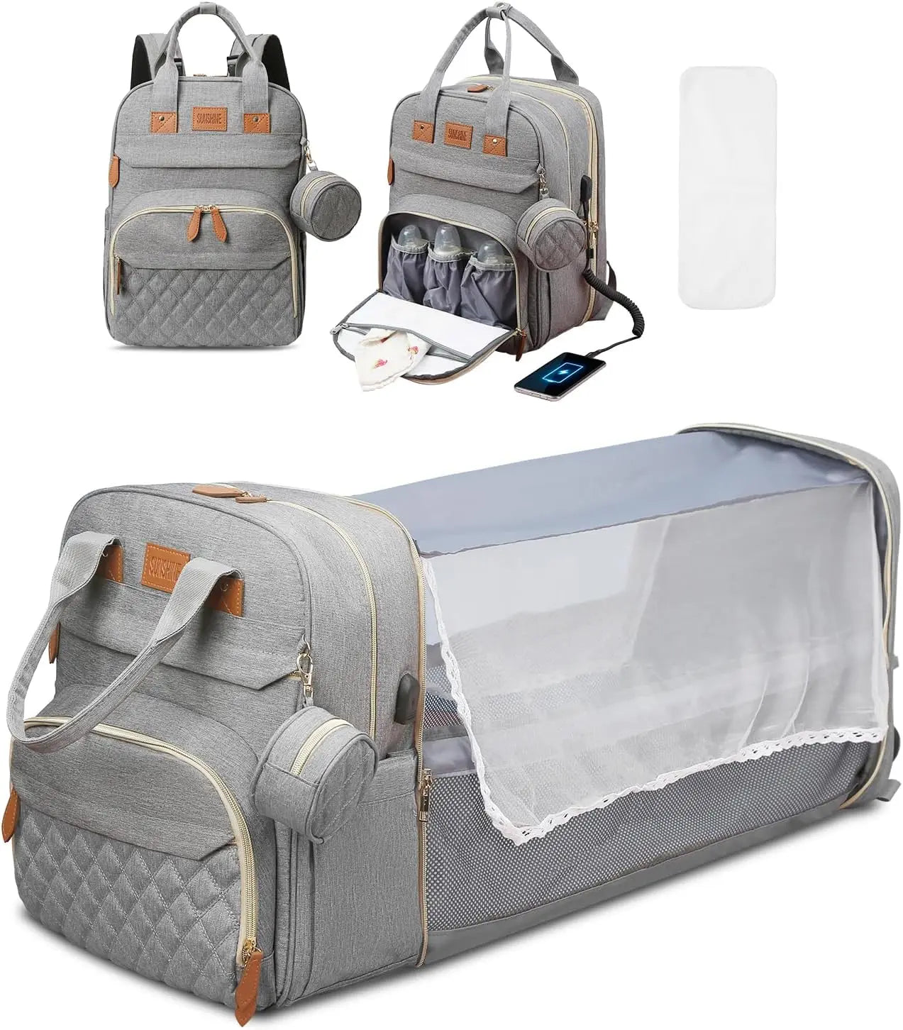 3 In 1 Diaper Bag Backpack Foldable Baby Bed Waterproof Travel Bag with USB Charge Diaper Bag Backpack with Changing Bed 3 types