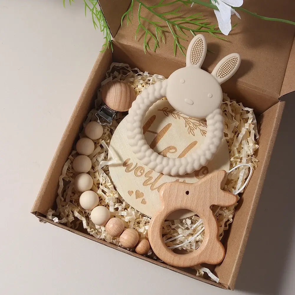 Baby Gift Set with Silicone Bunny Teether & Milestone