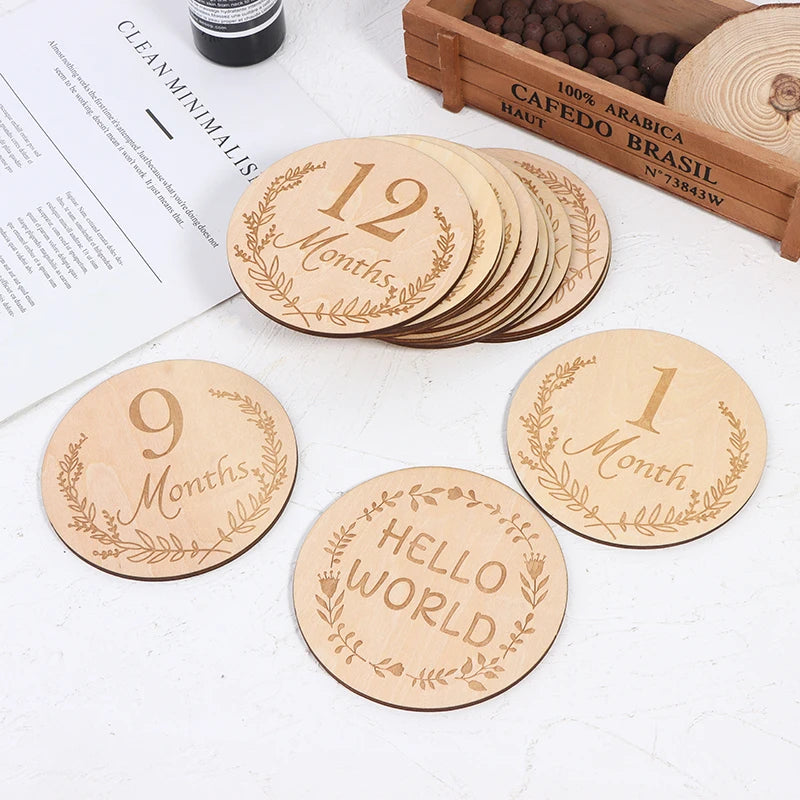 Wooden Baby Month Milestone Card Newborn Birth Month Birthday Teether Kids Photography Props Toy