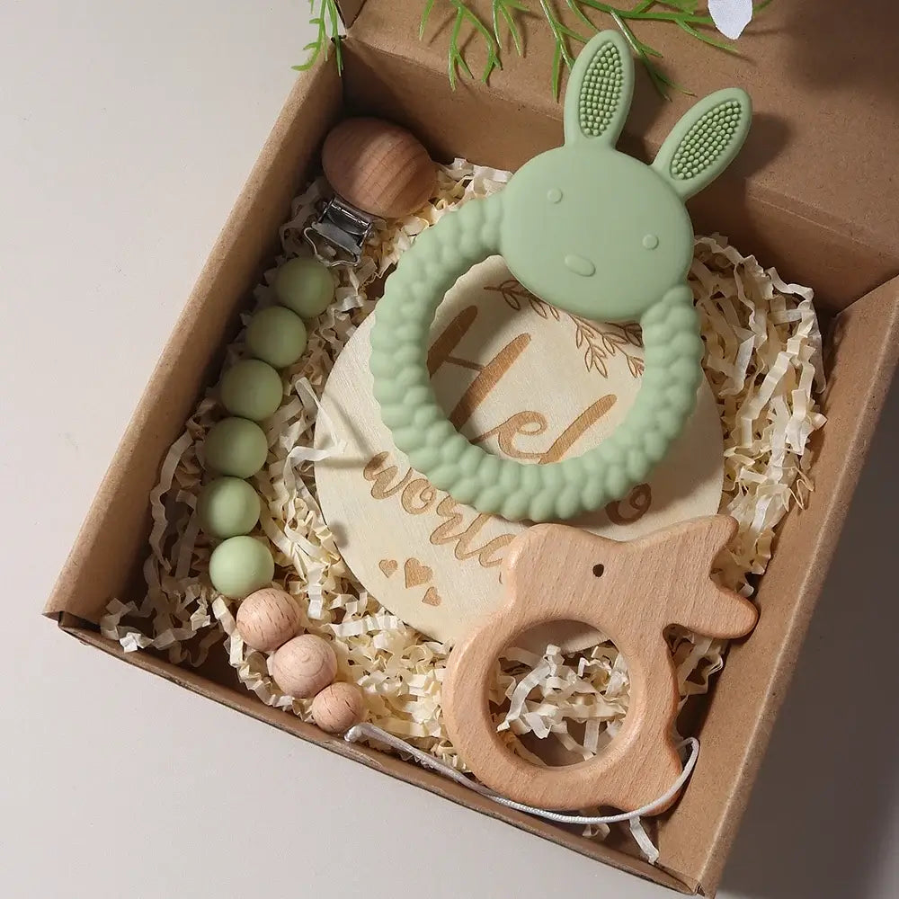 Baby Gift Set with Silicone Bunny Teether & Milestone