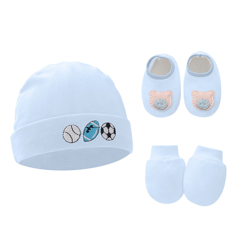 Soft Cotton Baby Pullover Cap for All-Day Comfort with matching slippers and mittens in light blue.