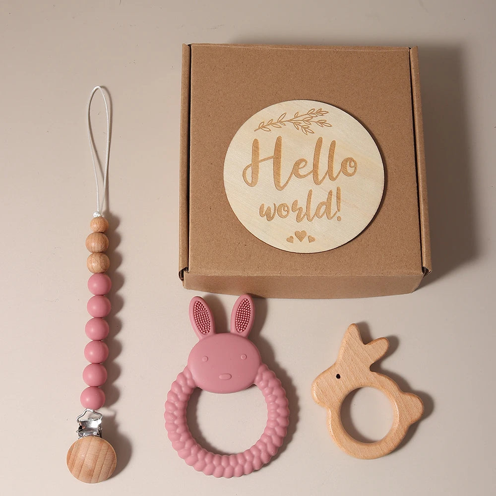 New born baby gift set silicone bunny teether wooden bunny rattle Photography props